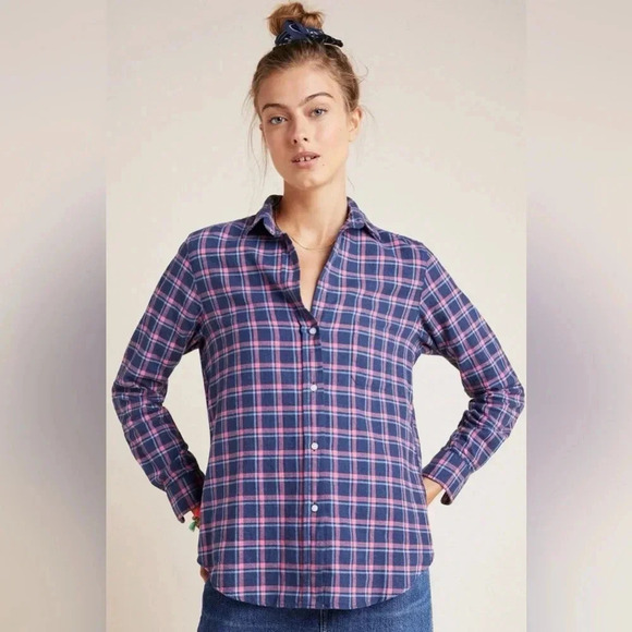 Anthropologie Grayson L The Hero Buttondown Flannel Blue Pink Plaid - Picture 3 of 9